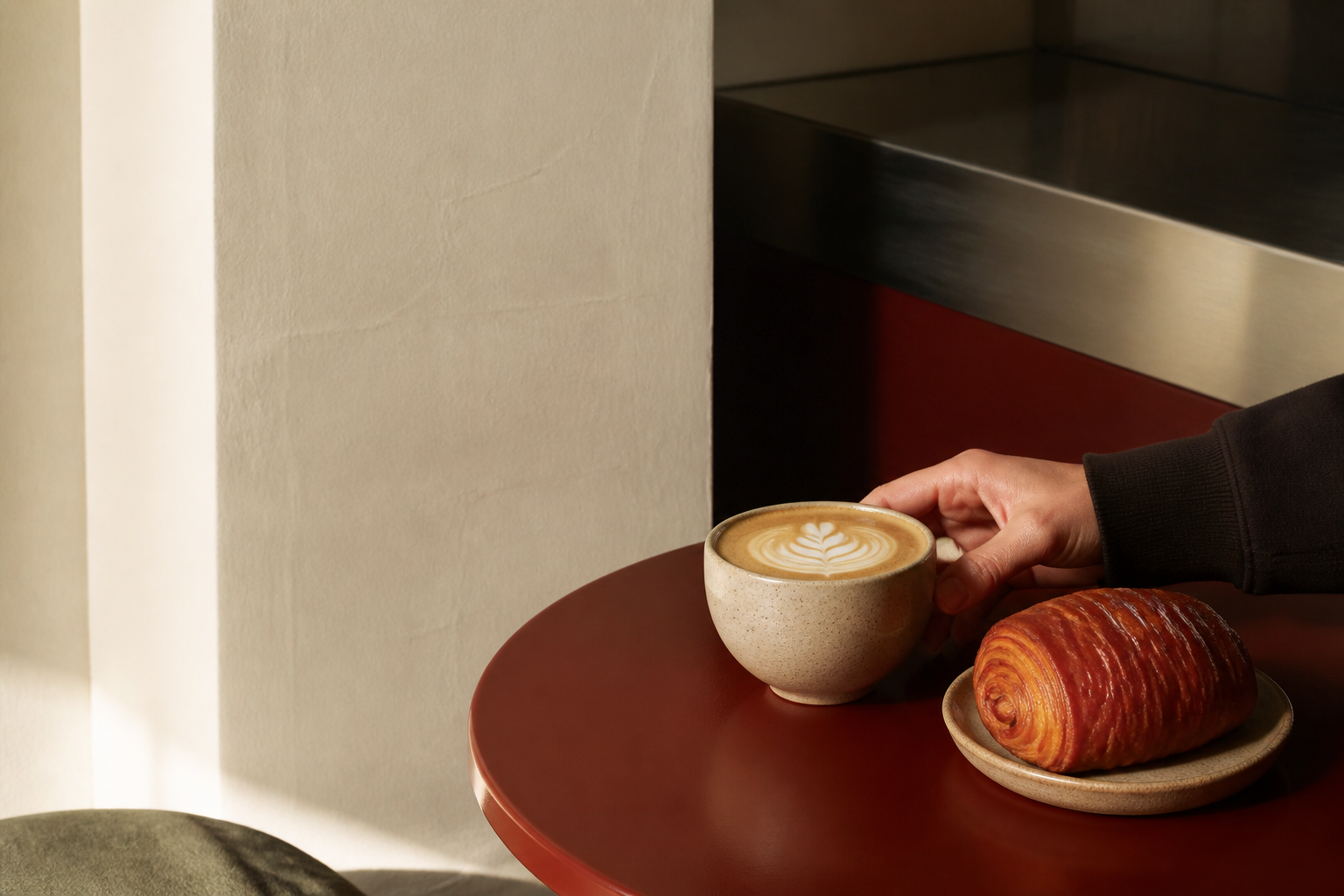 Флэт-уайт и свежая выпечка на столе SAY IT... COFFEE